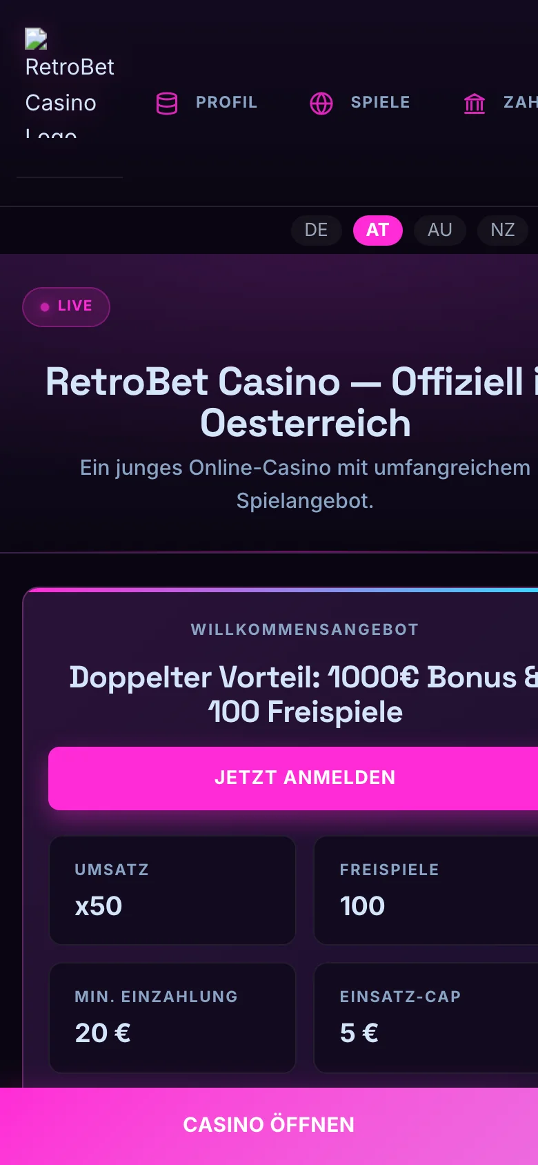 RetroBet Casino mobile lobby screenshot