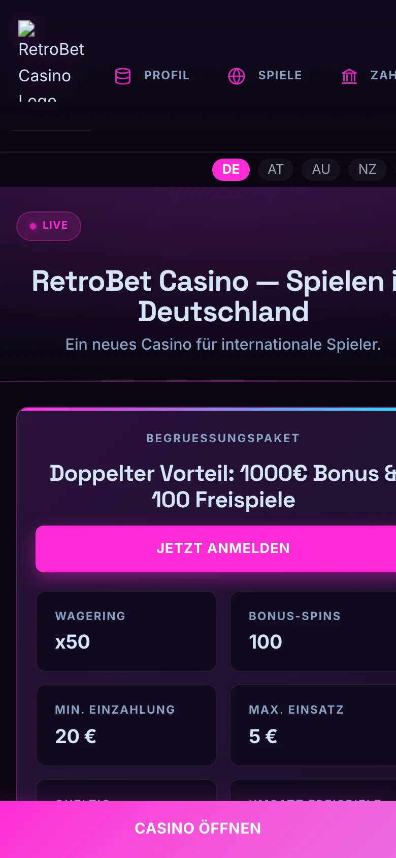 RetroBet Casino mobile lobby screenshot