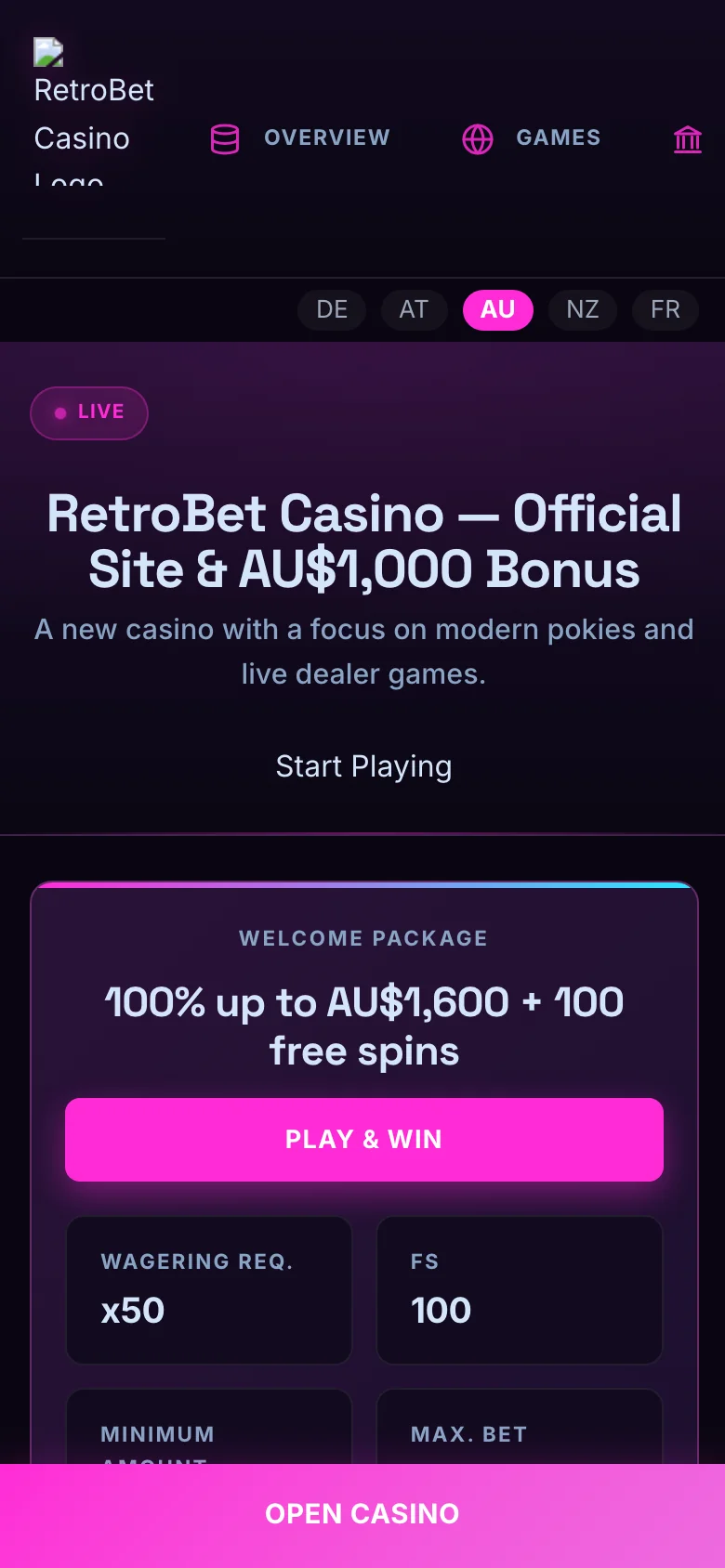 RetroBet Casino mobile lobby screenshot