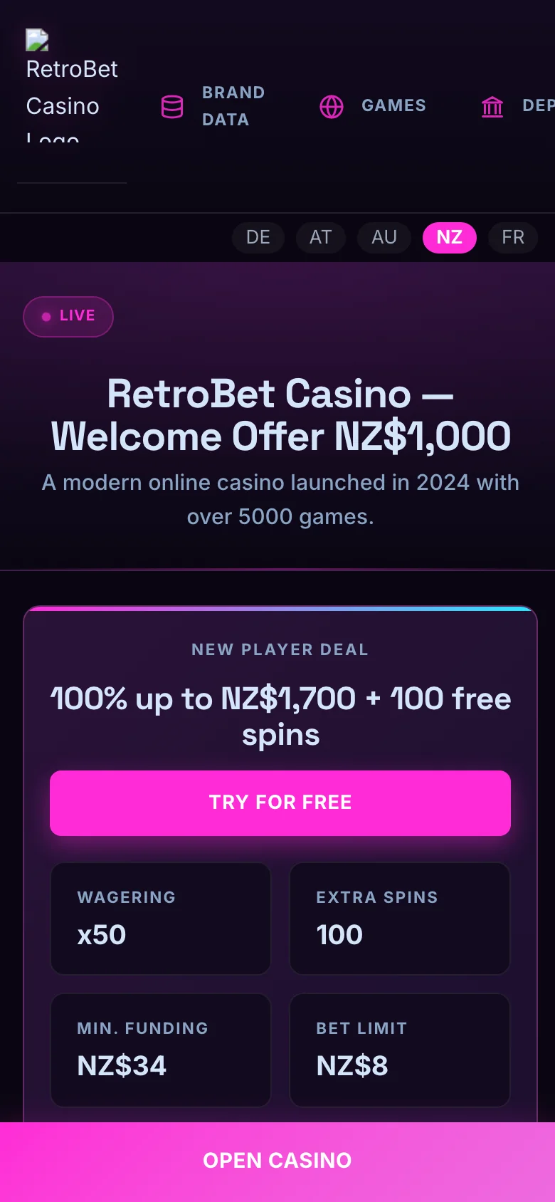 RetroBet Casino mobile lobby screenshot