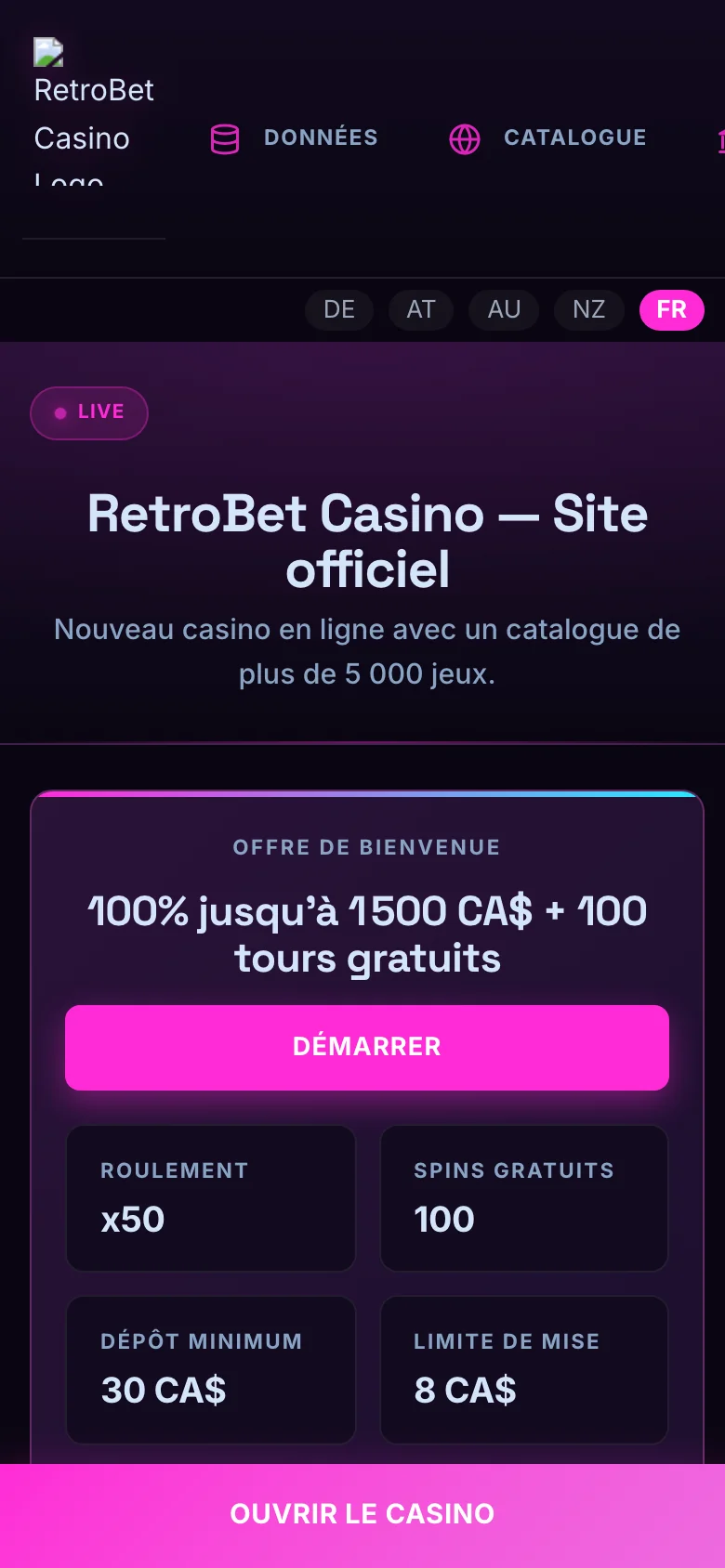 RetroBet Casino mobile lobby screenshot